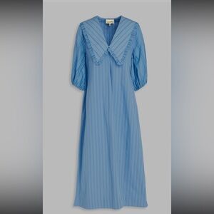 Ganni Light Blue Striped Puff-Sleeve Midi Dress